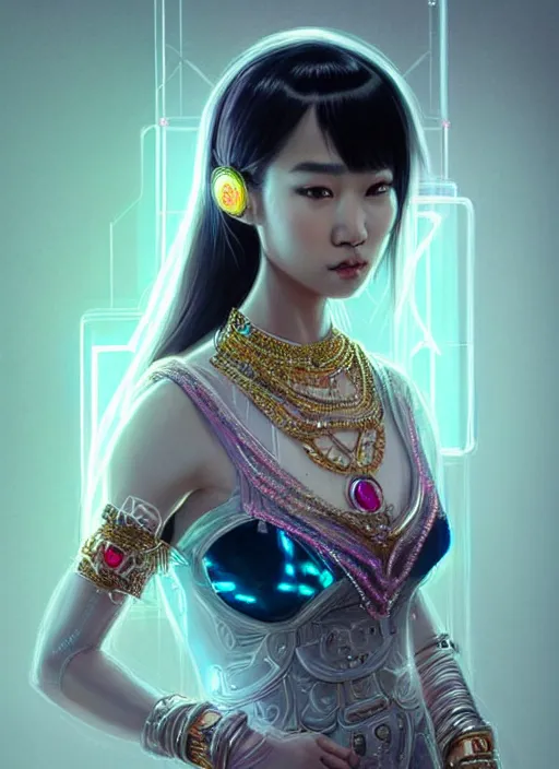 Image similar to portrait of asian female humanoid with transparent jewelry accessories, very details, elegant, cyber neon lights, highly detailed, digital illustration, trending in artstation, trending in pinterest, glamor pose, concept art, smooth, sharp focus, art by artgerm and greg rutkowski