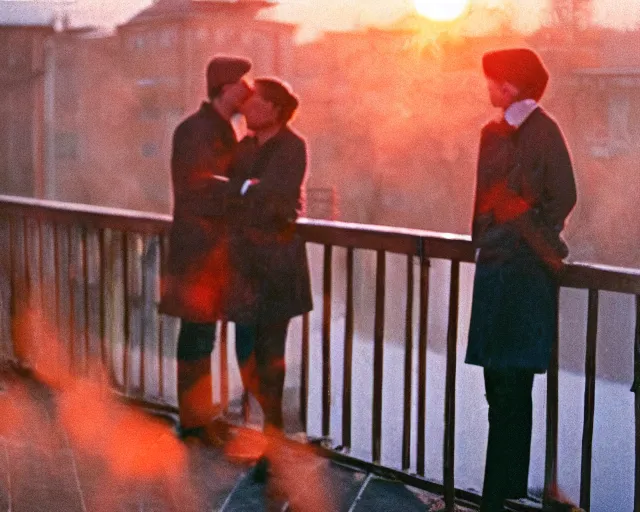 Image similar to lomo photo of pair standing on small hrushevka balcony full with cigarette smoke in small russian town looking at sunset, cinestill, bokeh