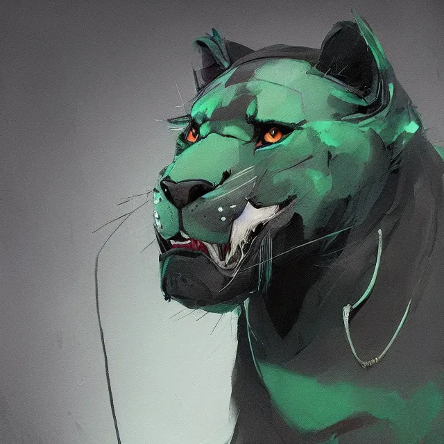 Image similar to a beautiful painting of a handsome anthropomorph dark gray panther fursona. green and black human hair on the head. disney character design by cory loftis, fenghua zhong, ryohei hase, ismail inceoglu and ruan jia. artstation, volumetric light, detailed, photorealistic, rendered in octane