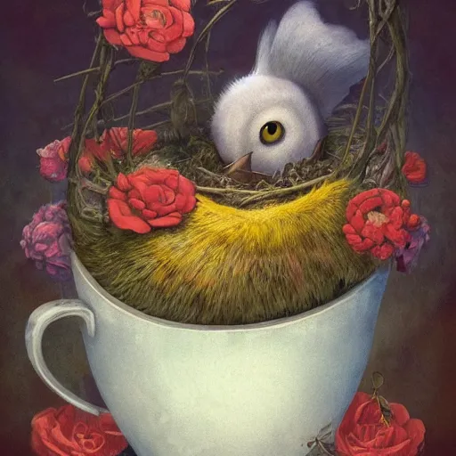 Prompt: soulful long shot of a very cute monster chick nesting in a very romantique floral cup, by esao andrews, by james jean, very humorous illustration, big depth of field, perspectice perception, volumetric light, warm cosy colors, night scenery, low light, unreal engine 5, 8 k, conceptart, hyperdetailed, hyperrealistic, trending on artstation