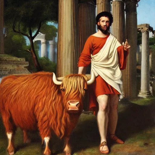 Prompt: idealized oil painting portrait of a man wearing a roman toga, posing with a highland cow, in the roman forum with no cropping.