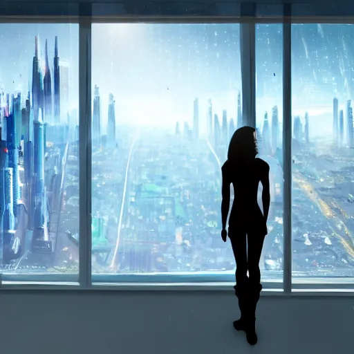 Prompt: in the style of Vincent Di Fate, a young beautiful attractive girl is looking out of a window at a vast futuristic city, the city fills the background, it is raining , very highly detailed, 8k, ultra realistic, framed window