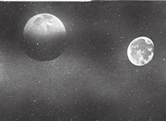 Image similar to vintage film still of the moon exploding shattering fragments in the sky around the exploding moon over new york city in the 1 9 2 0 s from the old sci - fi movie