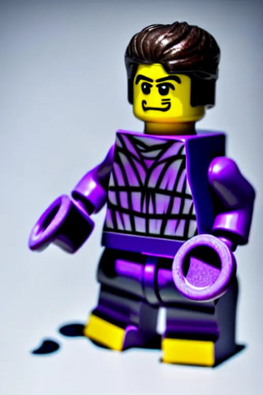 Image similar to closeup studio photograph of a thanos lego mini figurine, depth of field, 5 0 mm, 8 k, soft vignette