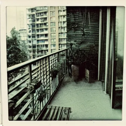Image similar to A polaroid of a cyberpunk apartment balcony. Signed 1962