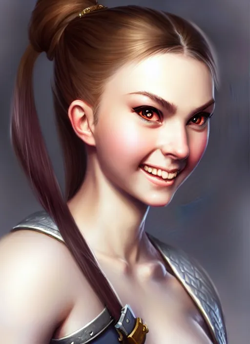 Prompt: a _ fantasy _ style _ portrait _ painting _ of white girl, dark ponytail hair, smiling, round face, rpg dnd oil _ painting _ unreal _ 5 _ daz. _ rpg _ portrait _ extremely _ detailed _ artgerm _ greg _ rutkowski _ greg