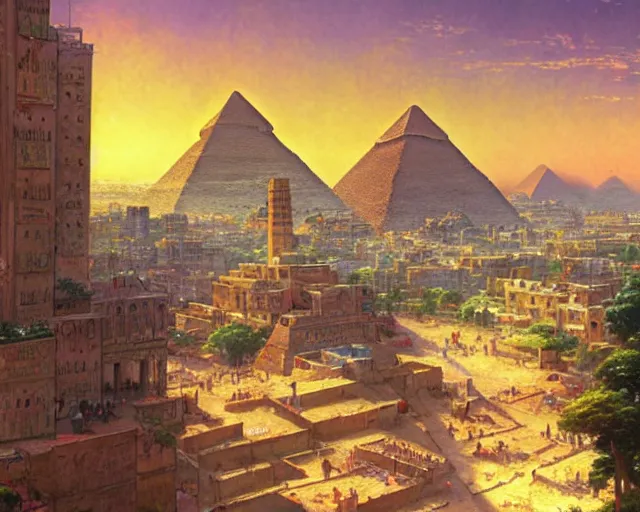 Prompt: the city of giza by thomas kinkade, moebius and makoto shinkai