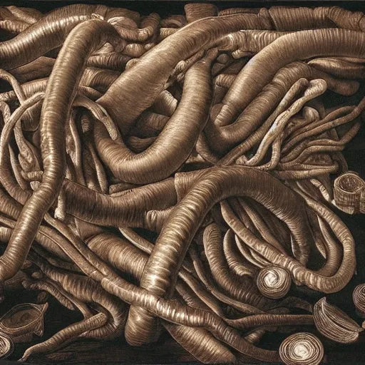 Prompt: by grant wood, by valentin de boulogne midday, dramatic lighting ultradetailed, insane. a installation art of the human intestine in all its glory. each section of the intestine is labelled, & various items & creatures can be seen inside, such as bacteria, food particles, & even a little mouse.