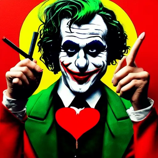 Prompt: ilya yefimovich repin and mimmo rottela and banksy as joaquin phoenix skinny joker, holding lady gaga harley queen hand, ultra photorealistic, intricate details, pop art style, concept art, confident posse, justify content center, 2 colours, warm color, 4 k, ultra smooth, sharp focus, perfect models