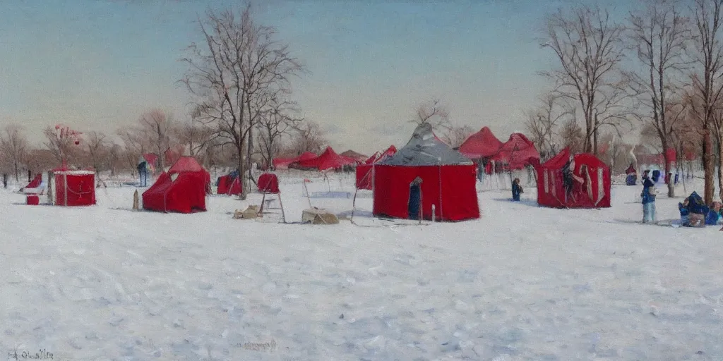 Image similar to a big circus in the snow ground, oil painting, red and white color