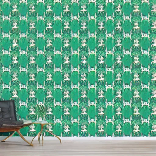 Prompt: symmetry, repeating pattern mint green wall paper. art nouveau