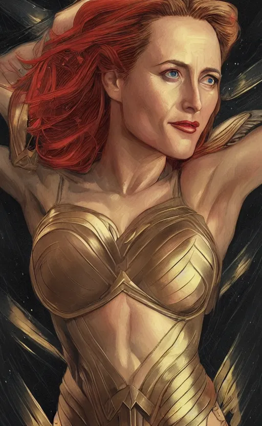 Prompt: portrait of Gillian Anderson dressed as wonder woman , detailed intricate ink illustration, dark atmosphere, detailed illustration, hd, 4k, digital art, overdetailed art, concept art, by greg rutkowski, by loish, complementing colors, Trending on artstation, deviantart , comic cover art