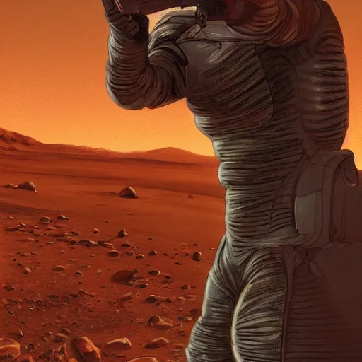 Image similar to alien taking a selfie on mars, dramatic lighting, cinematic, establishing shot, extremly high detail, photorealistic, cinematic lighting, artstation, style by James Gurney