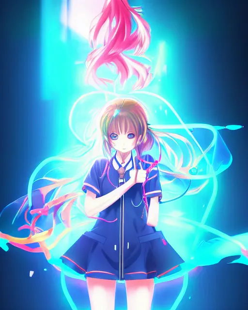 Image similar to anime style, vivid, expressive, full body, 4 k, painting, a cute magical girl with a long wavy hair wearing a nurse outfit, stunning, realistic light and shadow effects, neon lights, centered, simple background, studio ghibly makoto shinkai yuji yamaguchi