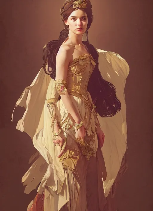 Image similar to portrait of a full body of young beautiful female princess, d & d, baroque dress, flat lighting, intricate, highly detailed, digital painting, artstation, concept art, smooth, sharp focus, illustration, art by simon bisley and greg rutkowski and alphonse mucha, natural tpose