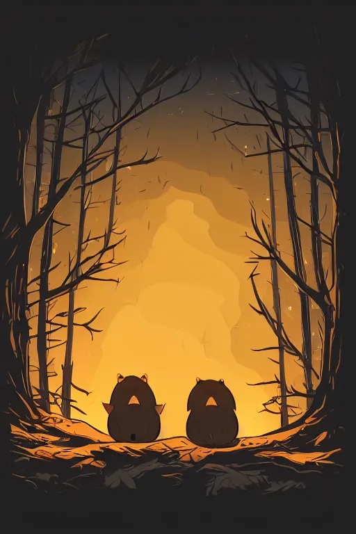 Image similar to an illustration of two evil beavers sitting next to a campfire in a dark forest at night, epid, digital drawing, vector art, beautiful, highly detailed