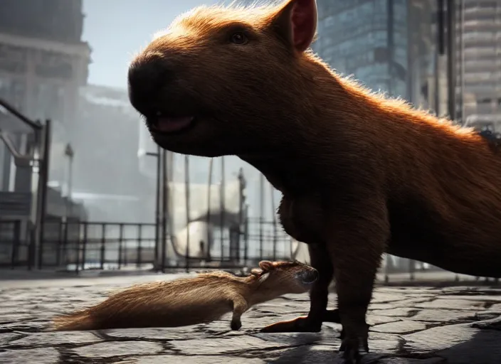 Image similar to venom fused with a capybara, ultra realistic 4 k unreal engine very cinematic render with ray tracing bloom ambient occlusion strong reflections depth of field fog