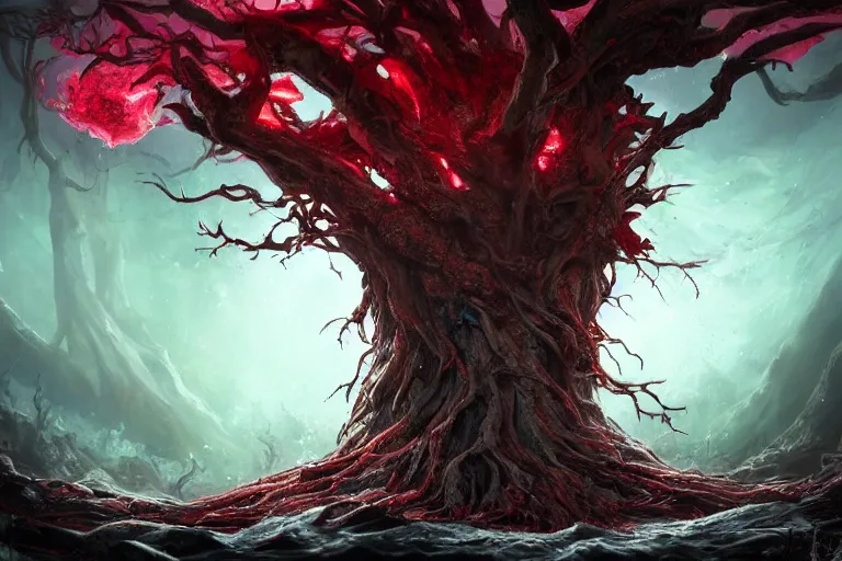 Image similar to a giant rotting tree with crimson water flowing through its roots surrounded by moths, concept art, digital painting, trending on artstation, deviantart, highly detailed, perfect composition, dramatic lighting, sharp focus, 8 k uhd