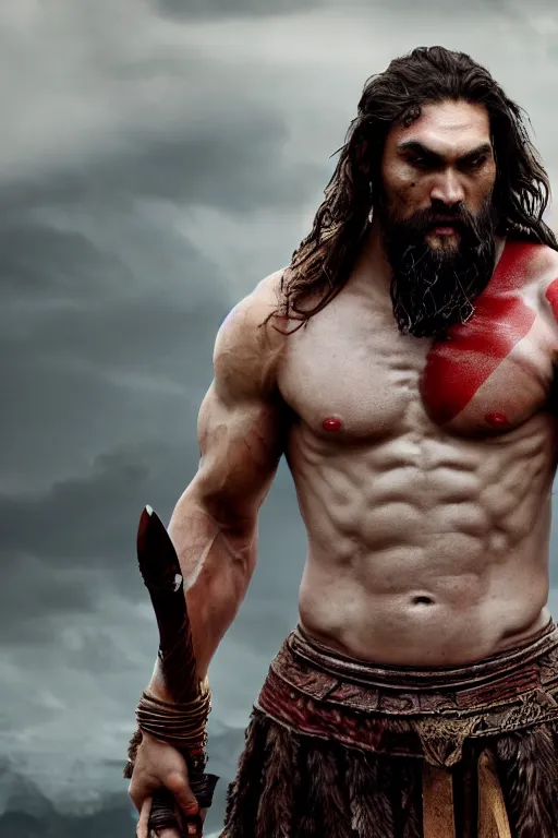 Image similar to film still from god of war, a highly detailed beautiful closeup photo of jason momoa kratos with long windblown wet hair holding a sword and fighting zombies on a pile of human skulls, spartan warrior, olympian god, muscular!,, action pose, ambient lighting, volumetric lighting, octane, fantasy