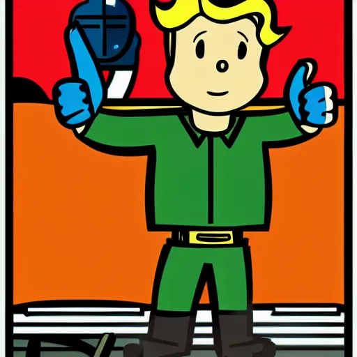 Image similar to vault boy from fallout showing thumb up, futurist illustration art by butcher billy, sticker, colorful, illustration, highly detailed, simple, smooth and clean vector curves, no jagged lines, vector art, smooth andy warhol style