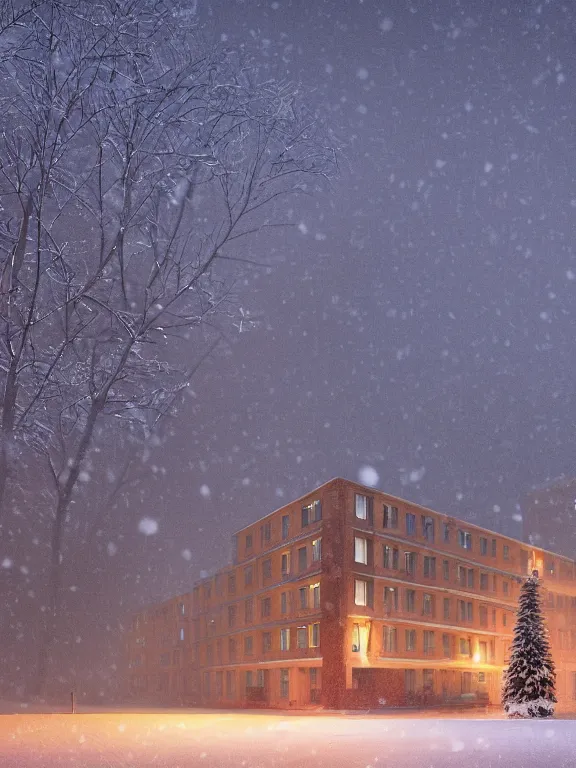 Prompt: award - winning photo of low soviet residential building, russian suburbs, lights are on in the windows, deep night,, cozy atmosphere, winter, heavy snow, light fog, streetlamps with orange light, volumetric light, several birches nearby, elderly people stand at the entrance to the building, mega detailed, unreal render