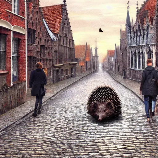 Image similar to 2 hedgehogs walking across the street in Bruges, Belgium, in the style of Greg Rutkowski, autumn, evening, romantic