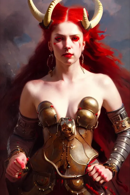 Image similar to painted close - up portrait of a attractive red - skinned intimidating demon cyborg girl with ram horns! oil painting, wearing a noblewoman's outfit, fantasy art by john singer sargent and gaston bussiere and james jean and greg rutkowski, demon noble character design, hd