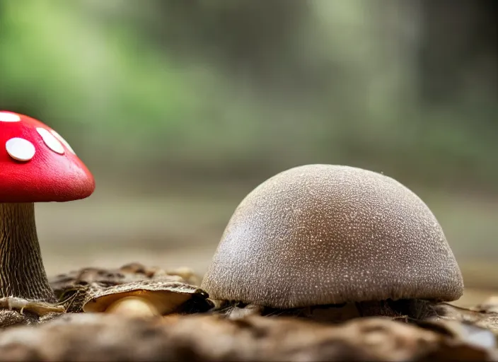 Image similar to a a cute creature sitting next to a mushroom, realistic, very detailed, complex, intricate, studio lighting, superres sharpening, bokeh, sigma 5 0 mm f 1. 4