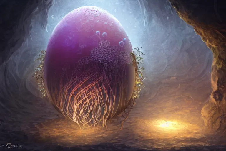 Prompt: a mystical egg with elaborate design inside a cave full of floating jellyfish, wlop, concept art, digital painting, trending on artstation, highly detailed, epic composition, 8 k uhd