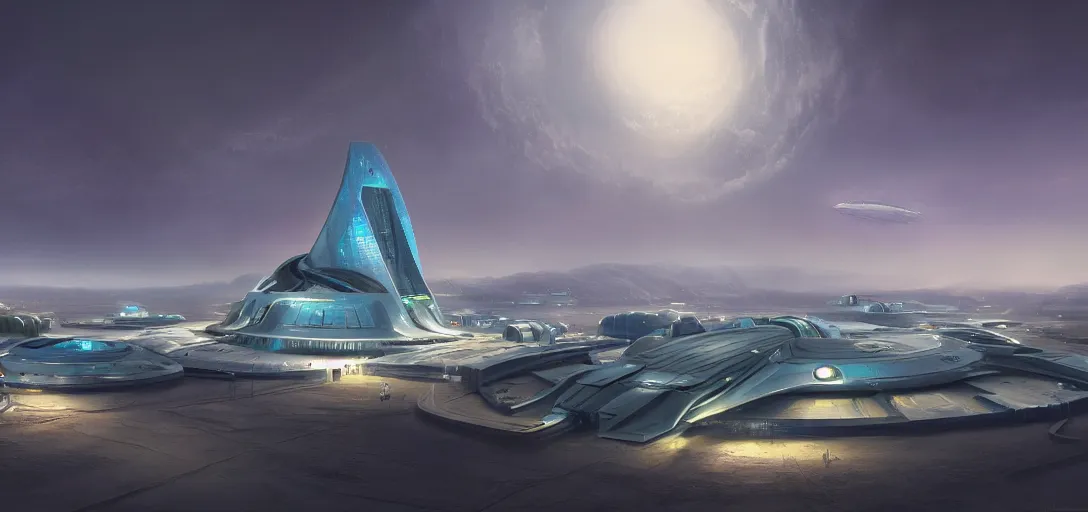 Image similar to a futuristic solarpunk spaceport, designed by jørn utzon, sci - fi, digital art by paul chadeisson