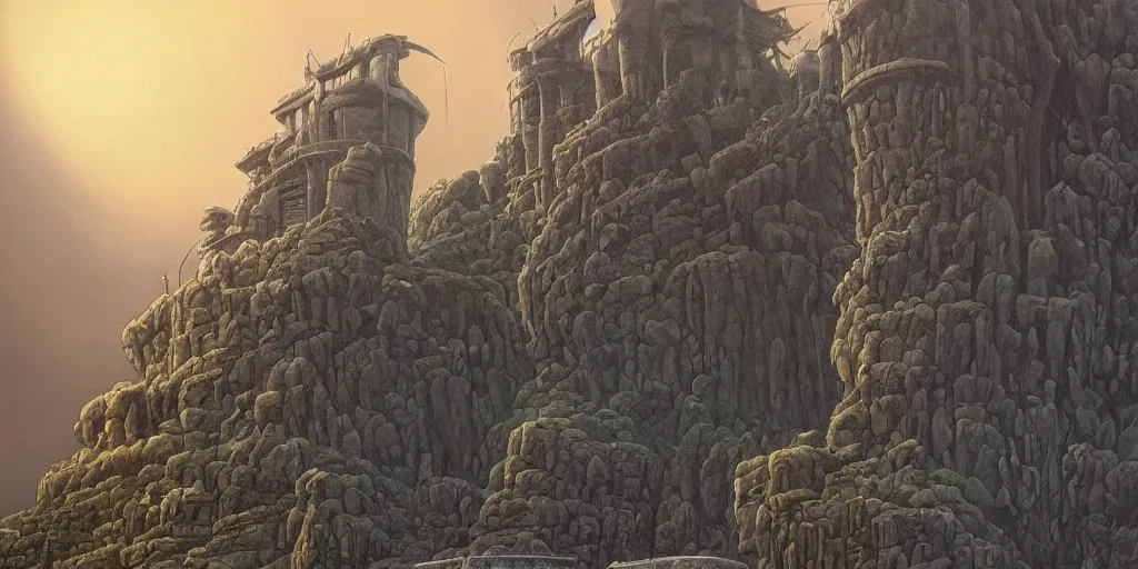 Prompt: artwork of the twin fortress by michael whelan, trending on artstation, cinematic view