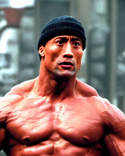 Image similar to Film still close-up shot of Dwayne Johnson as Rocky Balboa from the movie Rocky. Photographic, photography