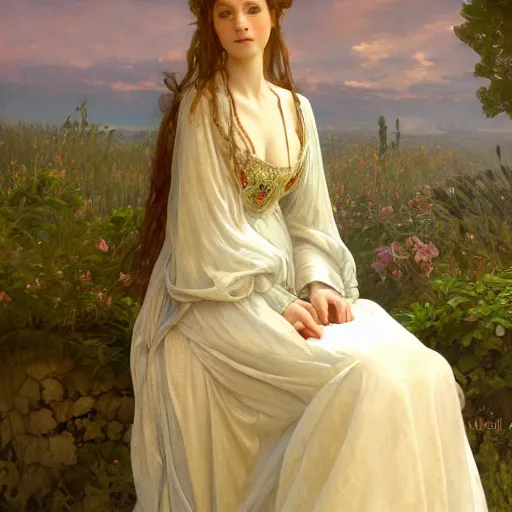 Image similar to a highly detailed portrait of a medieval french princess, translucent dress, beautiful detail and color, art by john collier and albert aublet and krenz cushart and artem demura and alphonse mucha, volumetric lighting, octane render, 4 k resolution, matte, sharp focus, illustration, art by jacque - louis david, baroque style