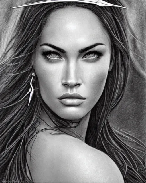 Image similar to pencil drawing of beautiful megan fox as greek goddess aphrodite, archer, arrow on the head, beautiful piercing eyes, flowing blonde hair, realistic face, hyper realistic, in the style of greg rutkowski, fantasy, amazing detail, epic, intricate, elegant, smooth, sharp focus