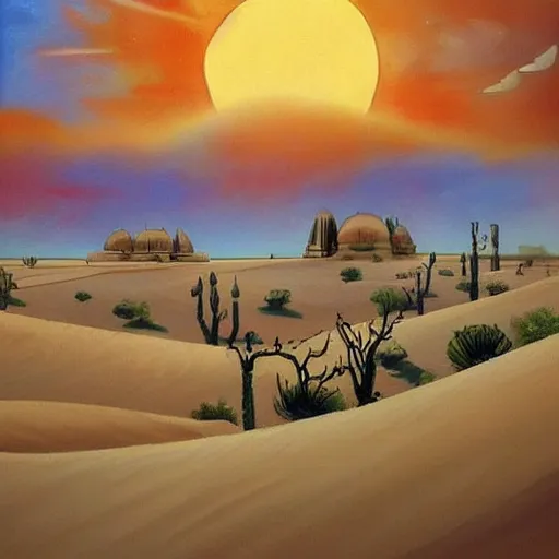 Image similar to a beautiful painting of a village in the desert, white houses, two suns, star wars style