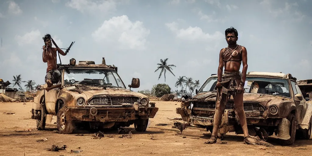 Image similar to sri lankan mad max style, city, film still, epic shot cinematography, rule of thirds