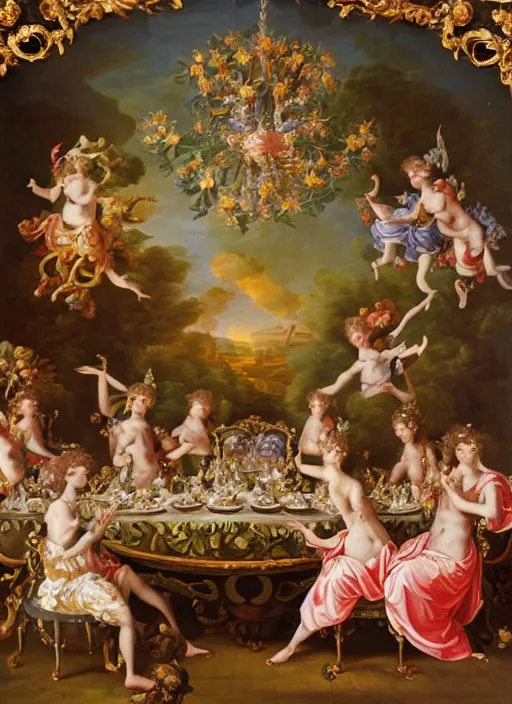 Prompt: a rococo painting of aliens eating at a banquet, dramatic painting, symmetrical composition, ornate, high detail, blooming, lights, flowers,