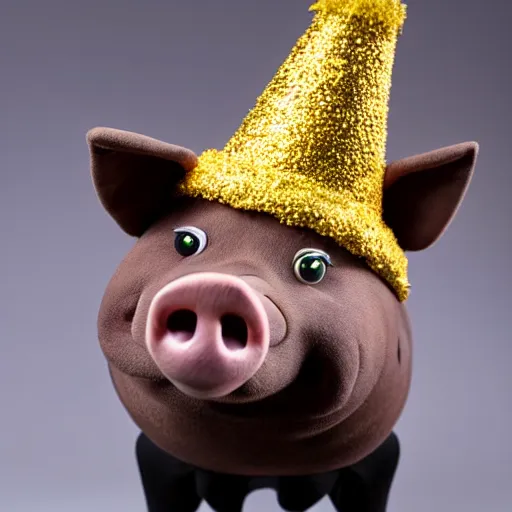 Prompt: studio photograph of a smiling pig depicted as a muppet wearing a gold crown with a yellow background, front view