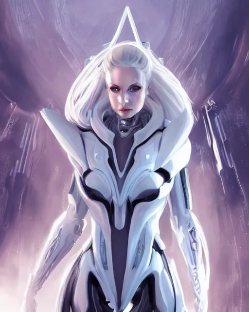 Image similar to perfect aidrafox with white hair, warframe armor, beautiful, dreamy, pretty face, blue eyes, portrait, bright light, scifi, utopian architecture in the background, laboratory, ultra realistic, intricate, glow, cinematic, extreme details, focused, masterpiece, art by seunghee lee, blair armitage