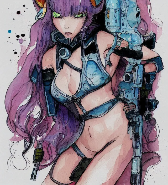 Prompt: a watercolor ink painting of bunnygirl gun bunny in the style of jean giraud in the style of moebius trending on artstation deviantart pinterest detailed realistic hd 8 k high resolution