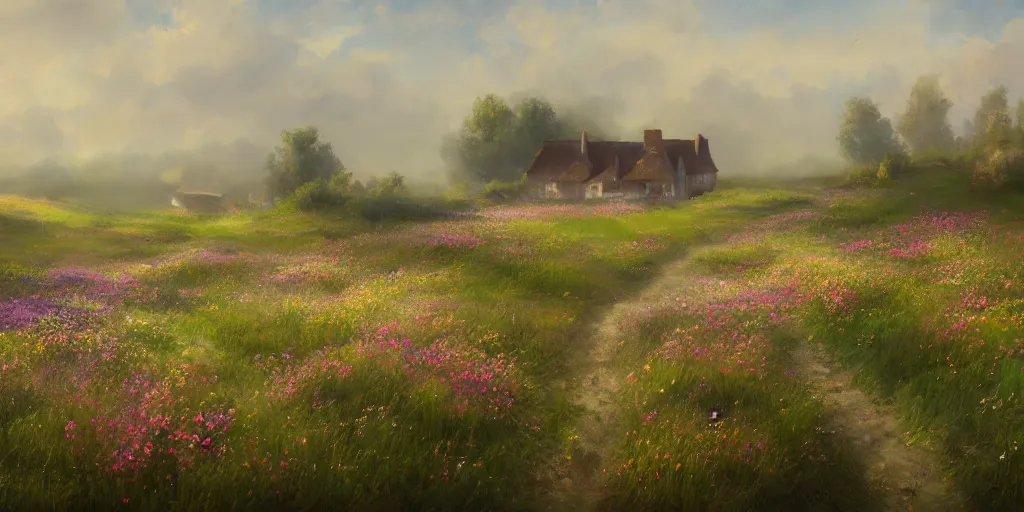 Image similar to a matte painting of a european prairie, cottages, foggy, patchy flowers, oil painting, pale colors, high detail, 8 k, wide angle, trending on artstation,