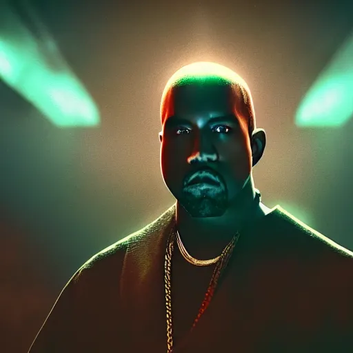 Image similar to kanye west in doom eternal, splash art, movie still, cinematic lighting, dramatic, octane render, long lens, shallow depth of field, bokeh, anamorphic lens flare, 8 k, hyper detailed, 3 5 mm film grain