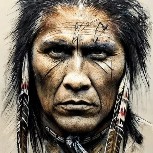 Prompt: A Native American warrior, war paint, realistic, sharp focus, 8k high definition, insanely detailed, intricate, elegant, art by Guy Denning