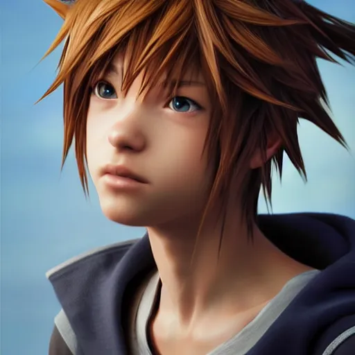 Image similar to photo realistic image of sora from kingdom hearts, stunning 3 d render inspired art by istvan sandorfi and greg rutkowski, perfect facial symmetry, realistic, highly detailed attributes and atmosphere, dim volumetric cinematic lighting,