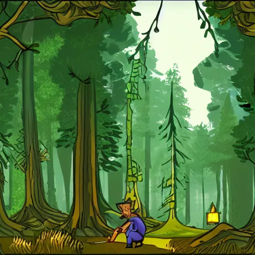 Prompt: a clearing in a forest in the style of the curse of monkey island point and click adventure game