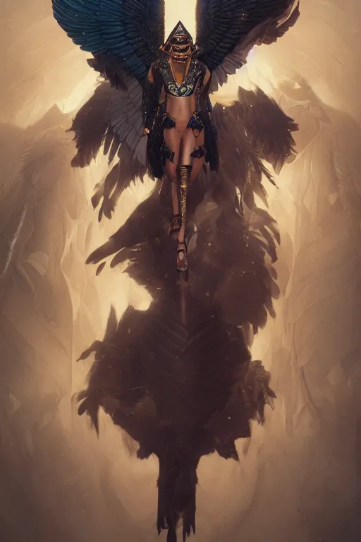 Image similar to rendering by octane, unreal engine, aesthetic, full body skin Egyptian god with an eagle head, animalistic Face like a eagle, realistic feathers, realistic eagle beak , microdetail, in the style of Charlie Bowater and Waterhouse, symmetrical, cinematic lighting, elegant, oil painting, cinematic, portrait, Raphaelite, magical background, magical realism, body shot