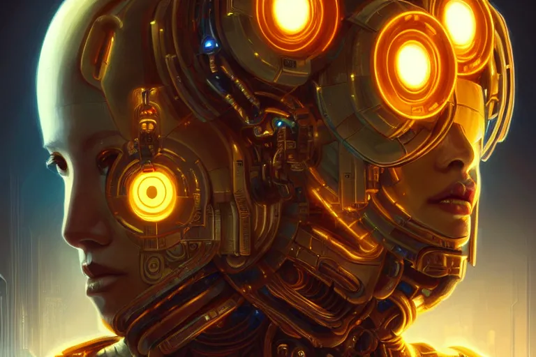 Image similar to a portrait painting of a ai machine god, hearth of the machine in cyberpunk style, symmetrical, golden ratio, energy core, cybernetic shrine, robot religion, realistic shaded lighting, magali villeneuve, artgerm, rutkowski