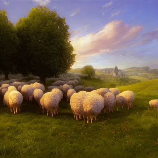 Image similar to A bunch of sheeps,clear skies,Green meadow,highly detailed,elegant,Marc Simonetti and Caspar David Friedrich, Trending on artstation