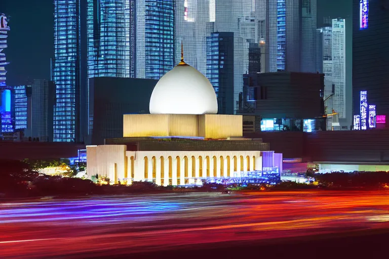 Image similar to exterior view of istiqlal mosque tokyo at night, promotional architectural photo, but in setting of japanese cyberpunk, neon tones