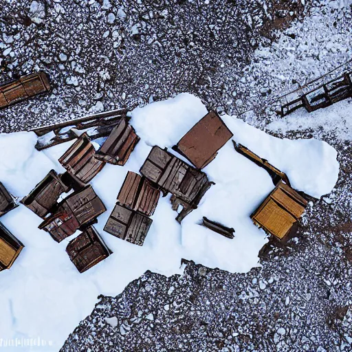 Image similar to abandoned mine and crates full of supplies buried in snow::2 snowy region on coast of Iceland, aerial drone perspective, top down view ::1 sattelite image of snow from 250 meters height, some coal boxes and barrels are covered in snow, old mine remains :: 1 post apocalyptic, snowstorm ::5